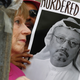 People hold signs during a protest at the Embassy of Saudi Arabia in Washington on October 9, 2018